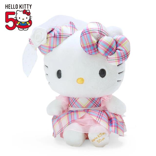 Hello kitty凯蒂猫|50周年限定苏格兰少女格纹洋装kitty公仔/玩偶|约18 x 21 x 11 cm