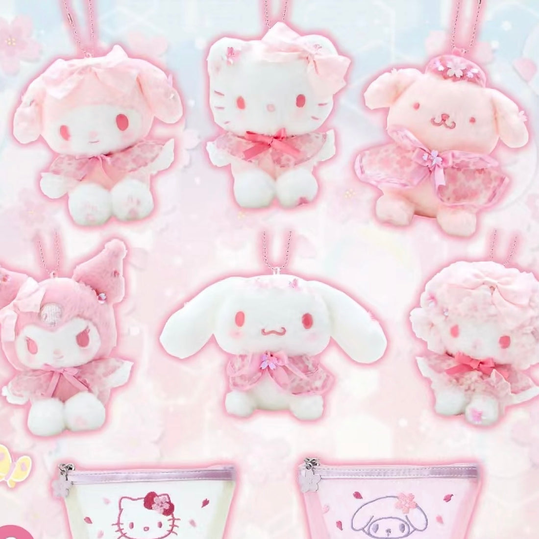 Sanrio|2024樱花爱心限定毛绒挂件/美乐蒂/库洛米/玉桂狗/帕恰狗/凯蒂猫|約幅11×奥行9.5×高さ13.5cm