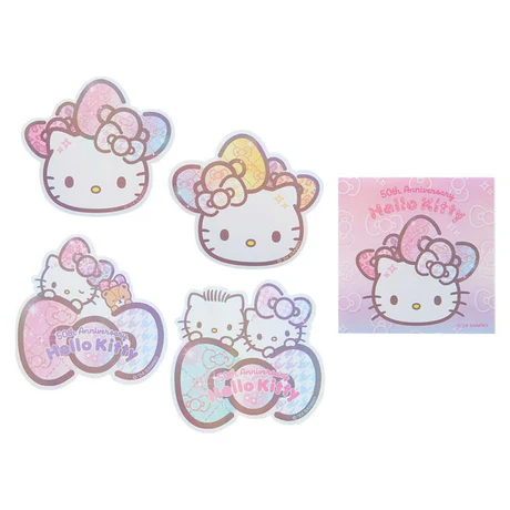 HelloKitty凯蒂猫|Sticker w/ Pouch Birthday 50th The Fashionable Ribbons Sanrio50周年生日限定PVC镭射/极光透明爱心扣迷你零钱包+贴纸套装|约W8×D1.5×H7cm
