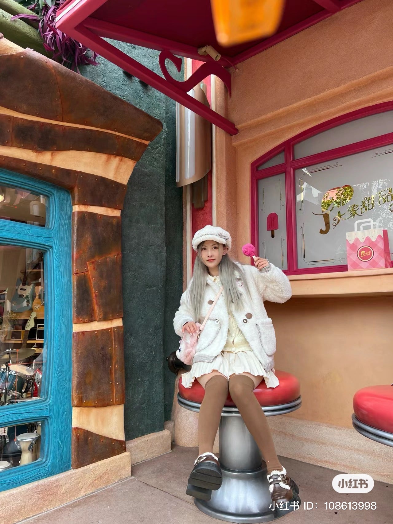 Disney SH|侦探贝儿千鸟格羊羔绒蝴蝶结贝雷帽|头围57cm