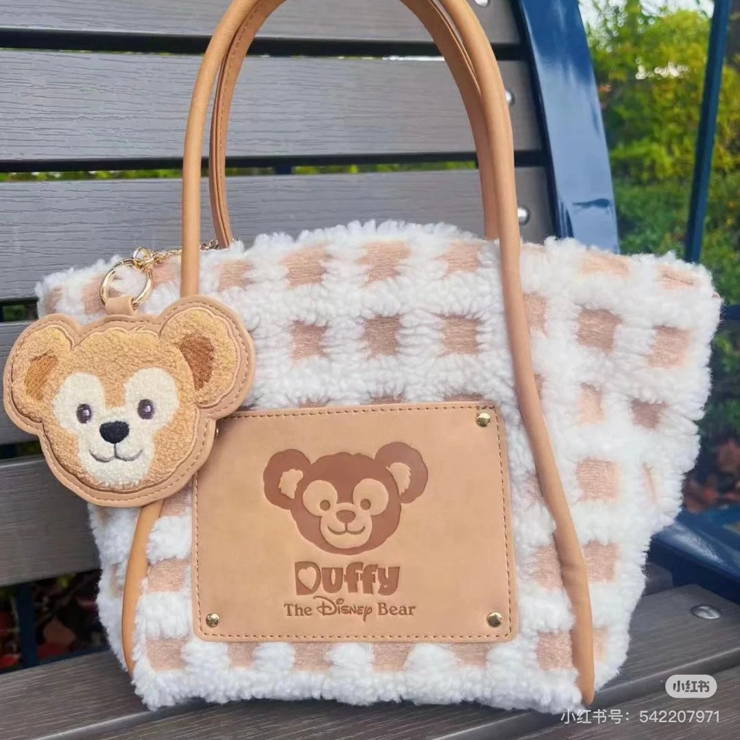 Disney SH|Duffy达菲/ShellieMay雪莉玫格子绒面手拎/斜挎包包/含超可爱大脸包挂
