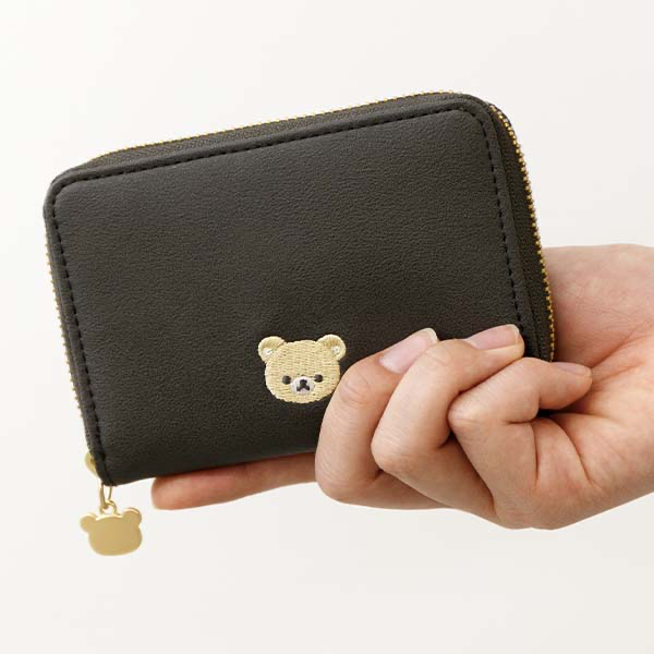 Rilakkuma轻松熊|Favorite Things Wallet Gray San-X皮质感刺绣图案拉链多层零钱包/卡包/金属熊头拉链扣|约85×120×30mm