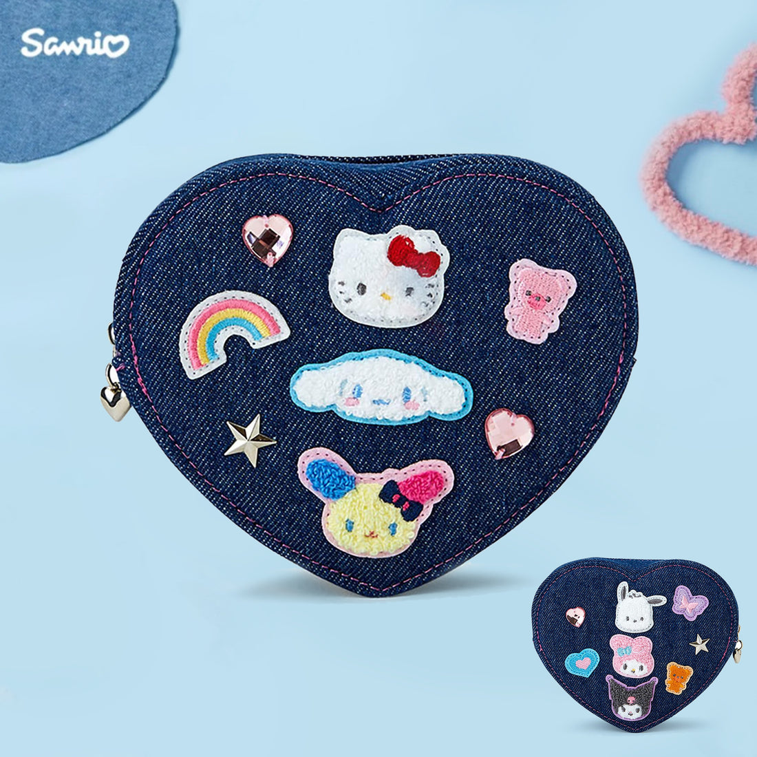 Sanrio三丽鸥|Original Pouch /Denim Patch牛仔丹宁贴布手作系列收纳包/化妆包/零钱包/正反面不同图案|约17.3 x 16.7 x 6.7cm