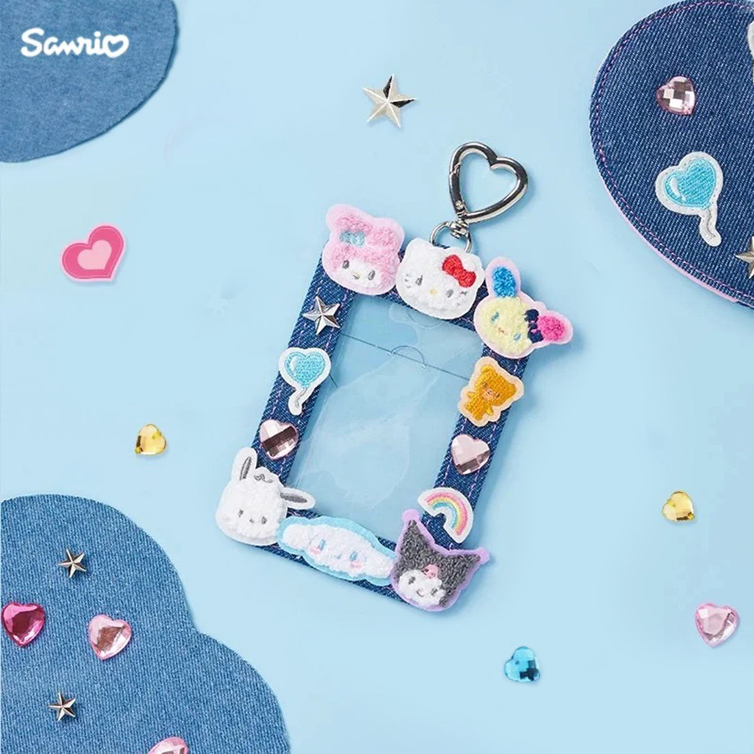 Sanrio三丽鸥|Pass Card Case/Denim Patch牛仔丹宁贴布系列应援卡包/可爱心形扣|约15.8 x 10.6 x 1.9cm