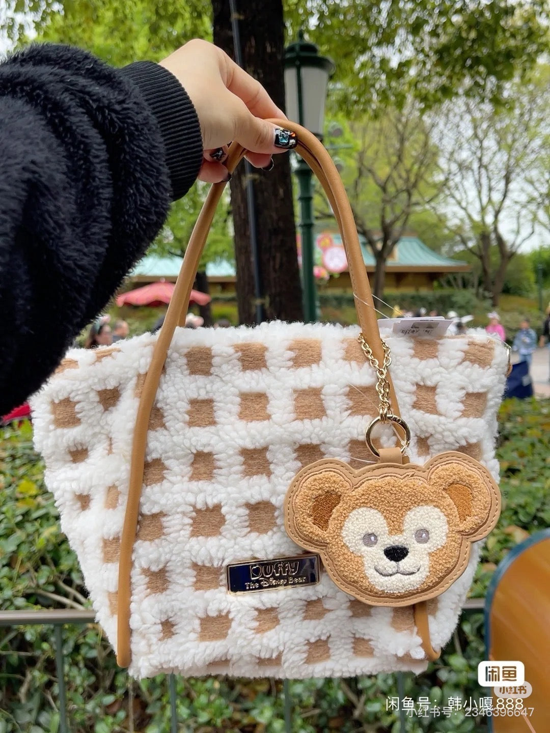 Disney SH|Duffy达菲/ShellieMay雪莉玫格子绒面手拎/斜挎包包/含超可爱大脸包挂