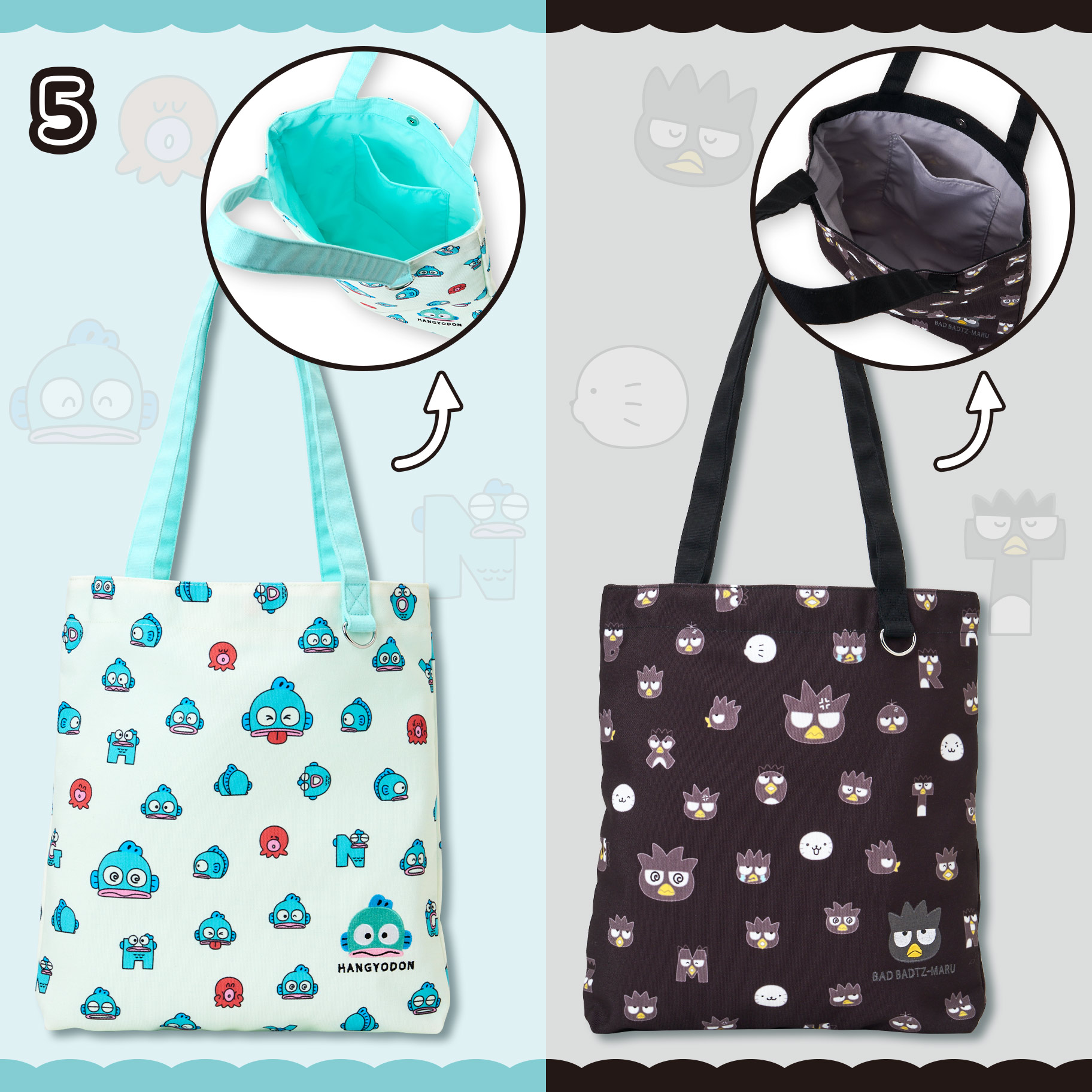 Sanrio|Hangyodon & Bad Badtz-Maru Funny Face Design Tote Bag