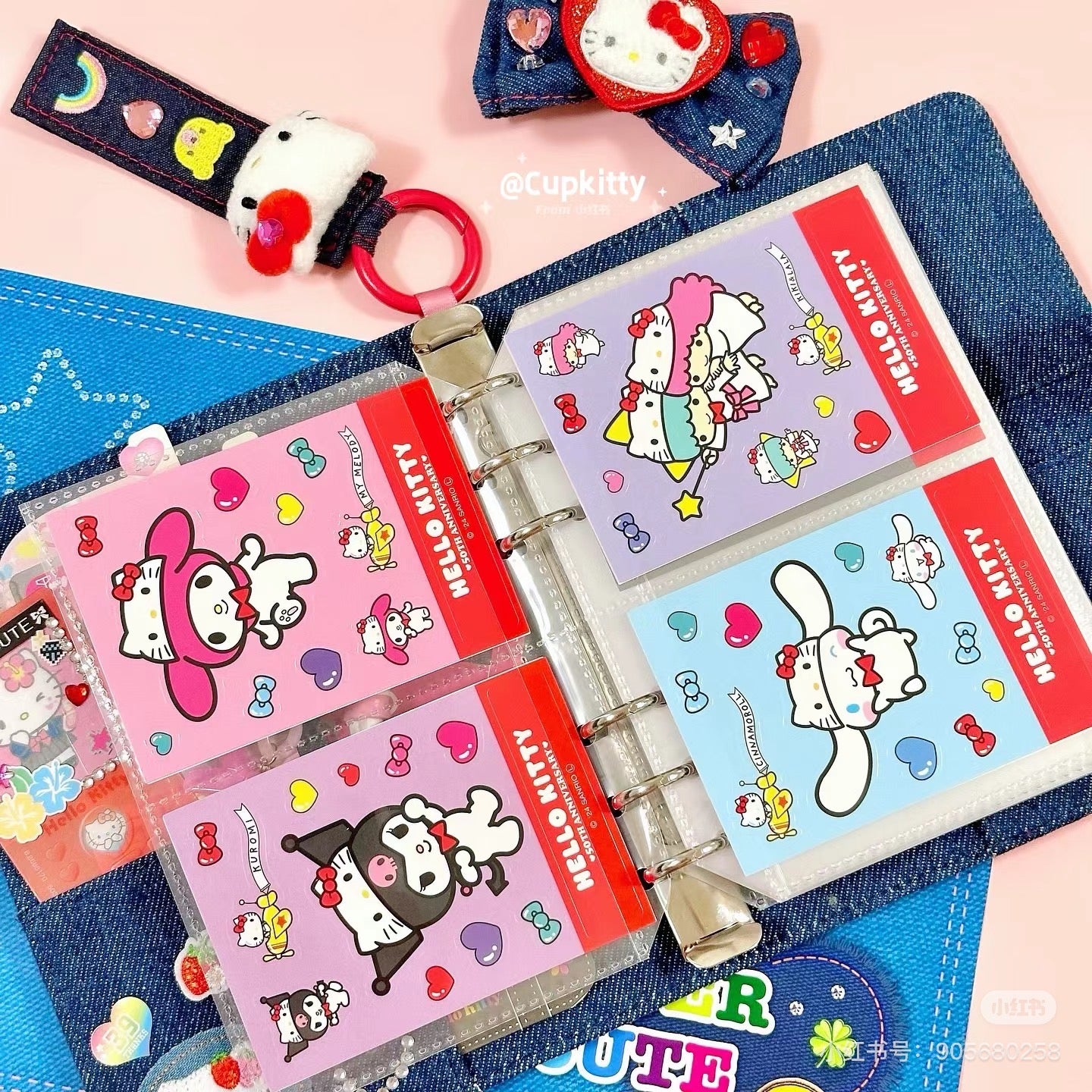 Sanrio三丽鸥|Binder Characters 6-Hole A6 Notebook Size Card Storage Clear 2-Tier Pocket/Denim Patch牛仔丹宁贴布系列活页相册/卡片收纳册/正反面不同图案|约21.2 x 20.0 x 5.2cm