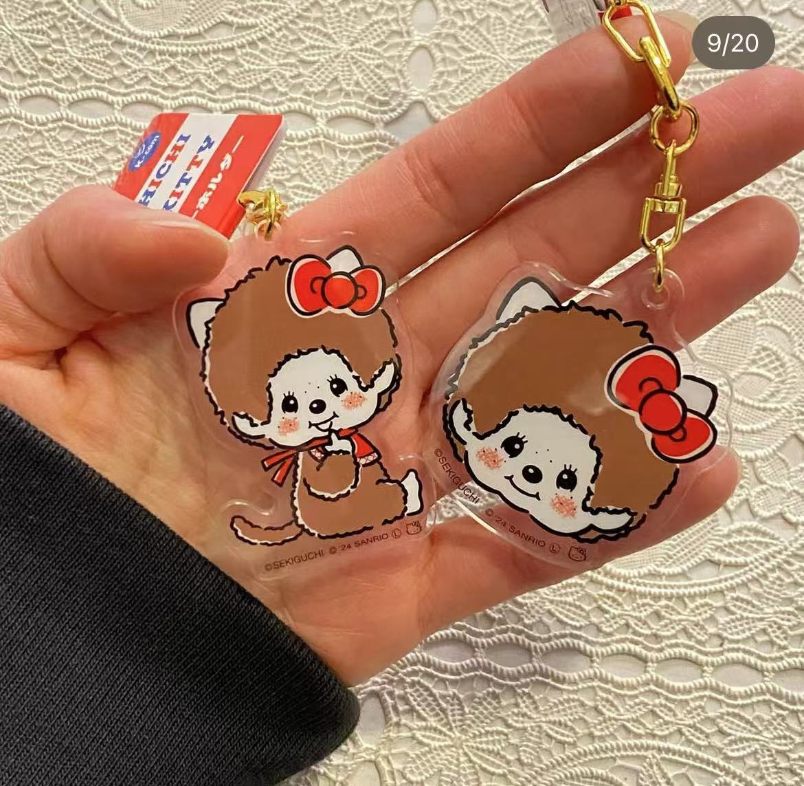 Monchhichi|Sanrio Hello Kitty Acrylic Mascot Keychain|4.9 x 4.3 x 1.0cm approx.