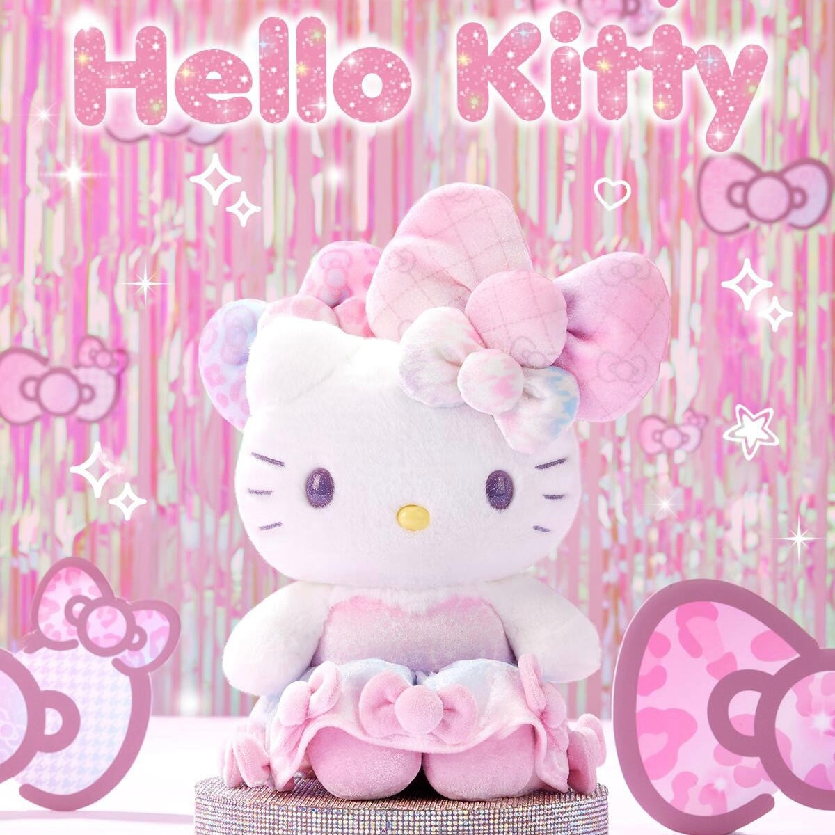 HelloKitty凯蒂猫|Birthday 50th The Fashionable Ribbons Sanrio 50周年生日限定丝绒彩虹渐变蝴蝶结毛绒玩偶/公仔|约幅22×奥行15×高さ28cm
