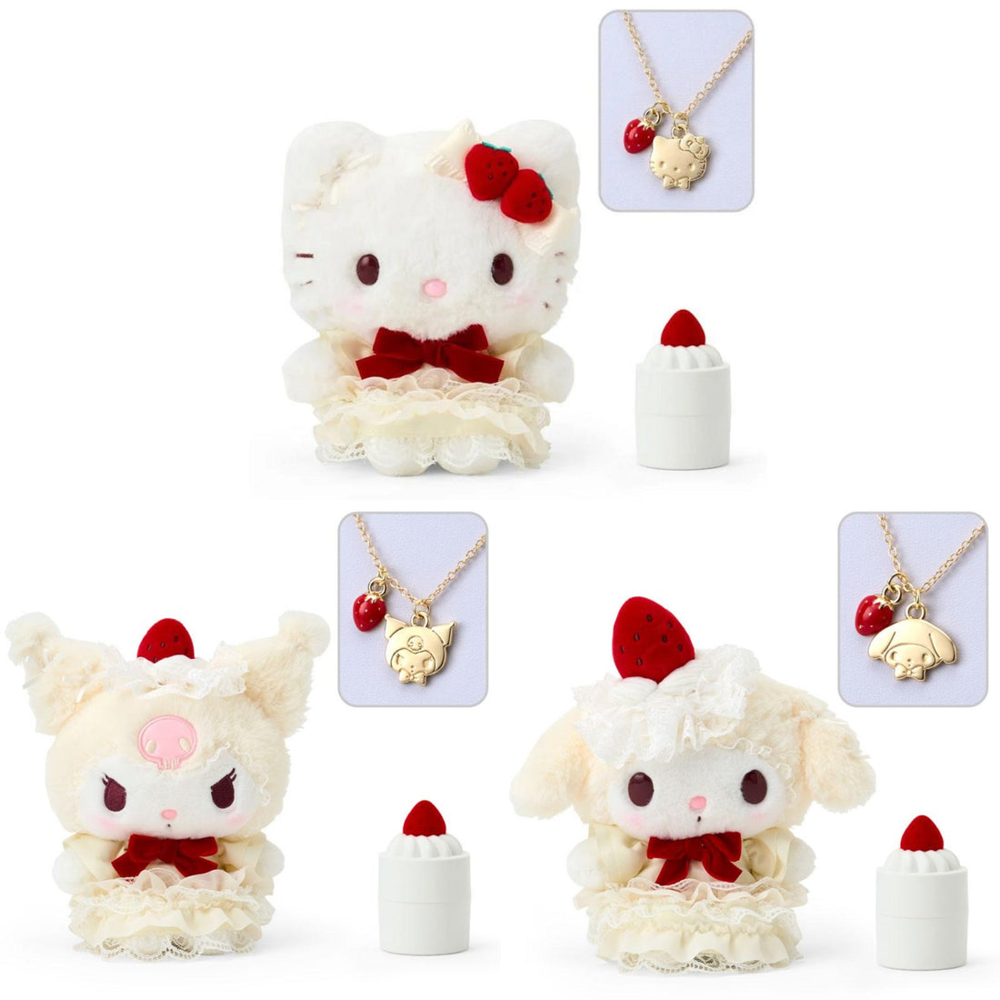 Sanrio三丽鸥|草莓蛋糕蕾系列可爱角蕾丝裙毛绒玩偶+项链+礼物盒套组|约宽 16 x 深 11 x 高 18 厘米