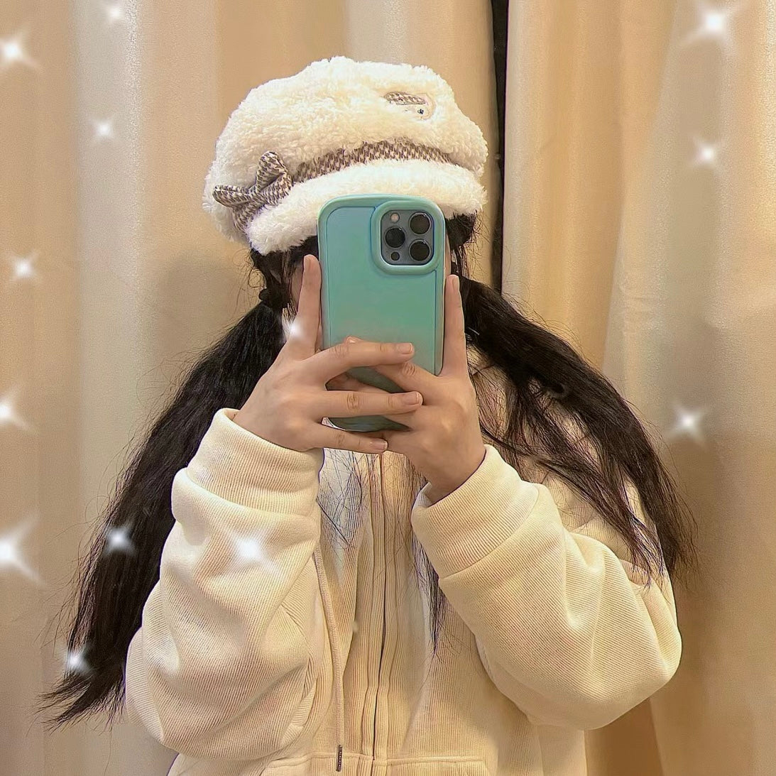 Disney SH|侦探贝儿千鸟格羊羔绒蝴蝶结贝雷帽|头围57cm