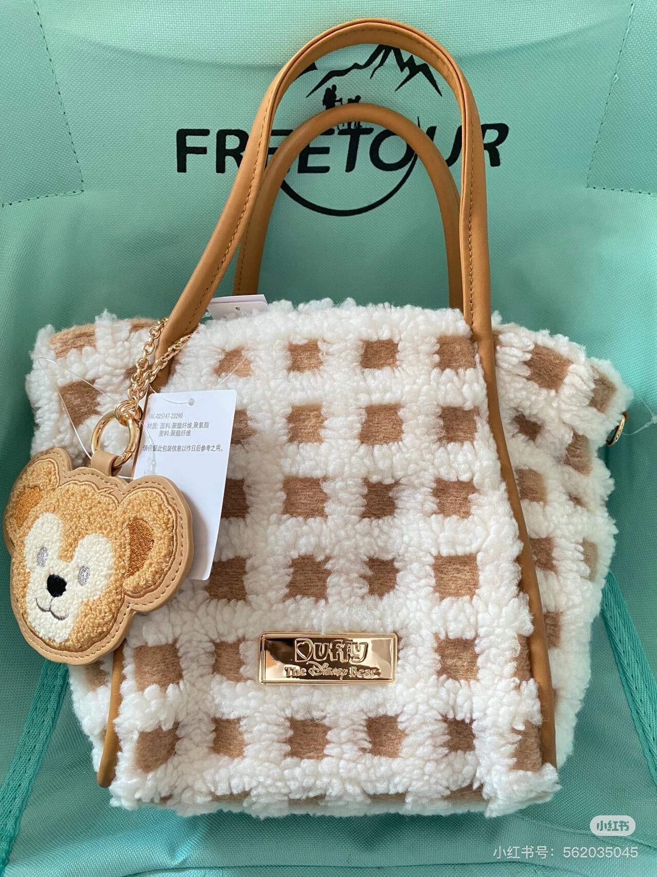 Disney SH|Duffy达菲/ShellieMay雪莉玫格子绒面手拎/斜挎包包/含超可爱大脸包挂