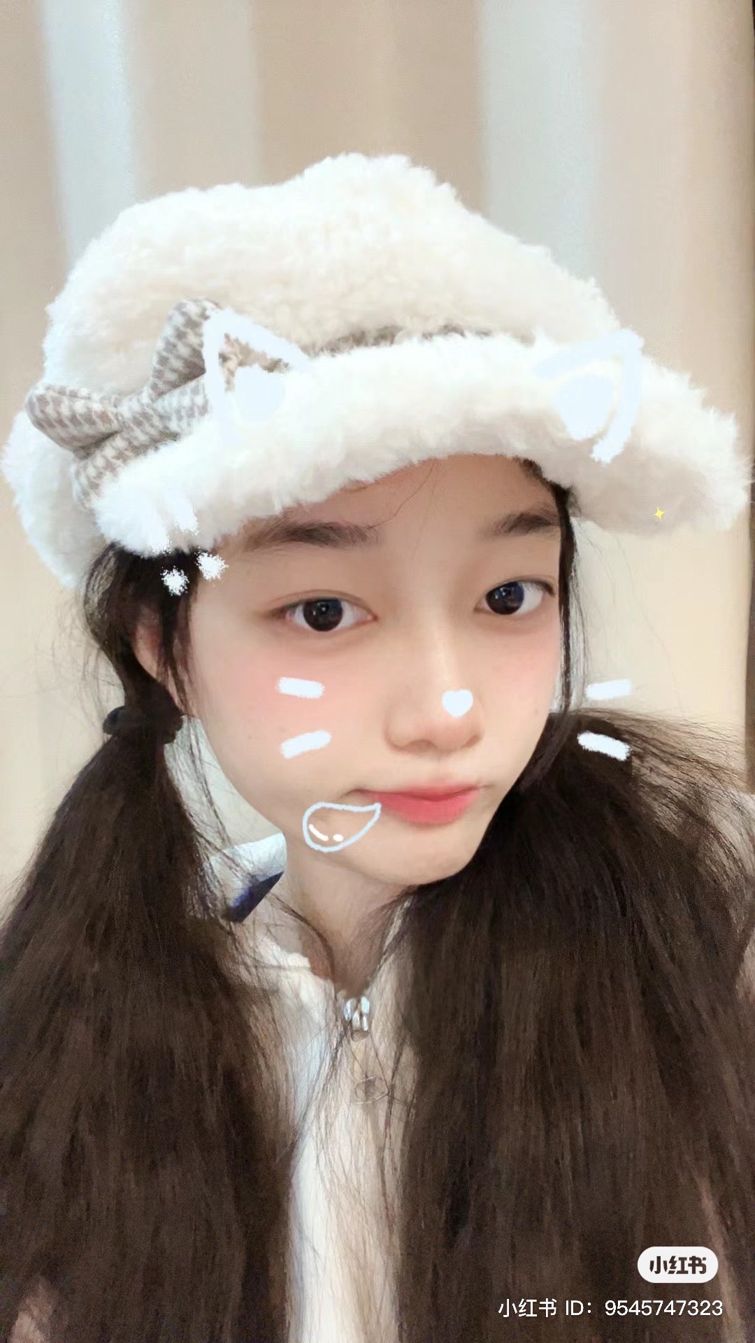 Disney SH|侦探贝儿千鸟格羊羔绒蝴蝶结贝雷帽|头围57cm