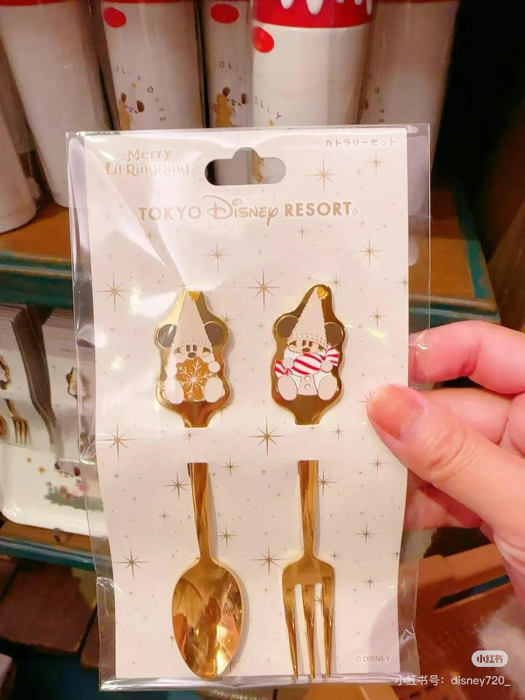 Disney迪士尼 |Merry Lil RingRing Mickey东迪2024圣诞精灵妖精米奇系列可爱图案金色叉勺餐具套装