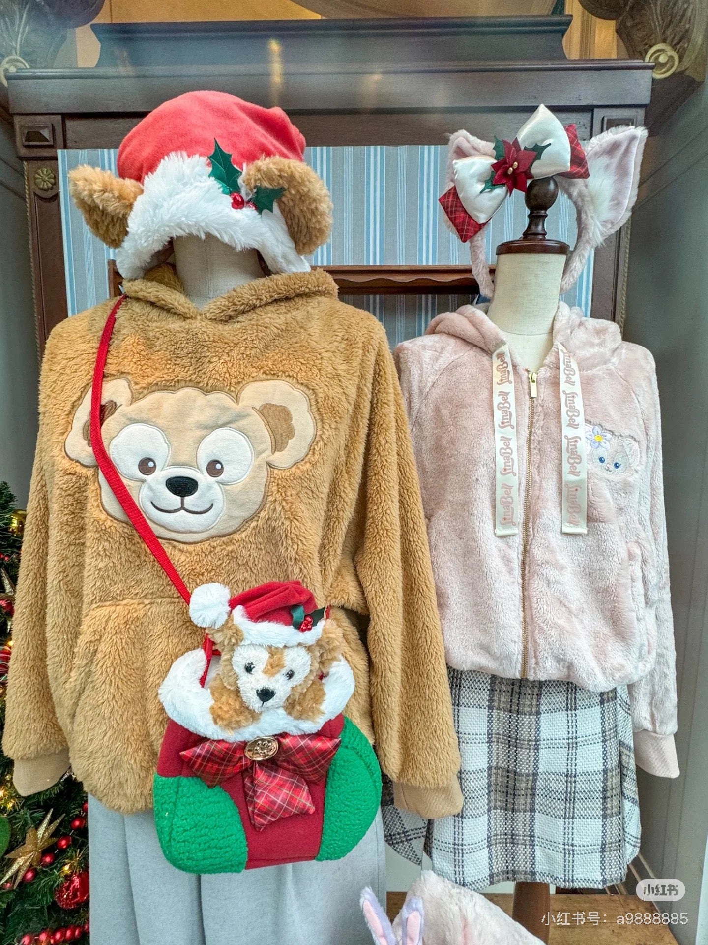 Disney迪士尼|东迪圣诞冬日Duffy达菲毛绒耳朵红色丝绒帽子/正反面都可爱