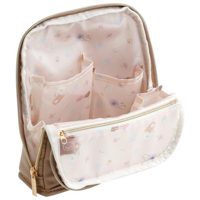 Rilakkuma轻松熊|皮质感站立式多功能收纳包/角色碎花内里/化妆包/铅笔盒/文具收纳/内部分区超亮点|約200×170×70mm