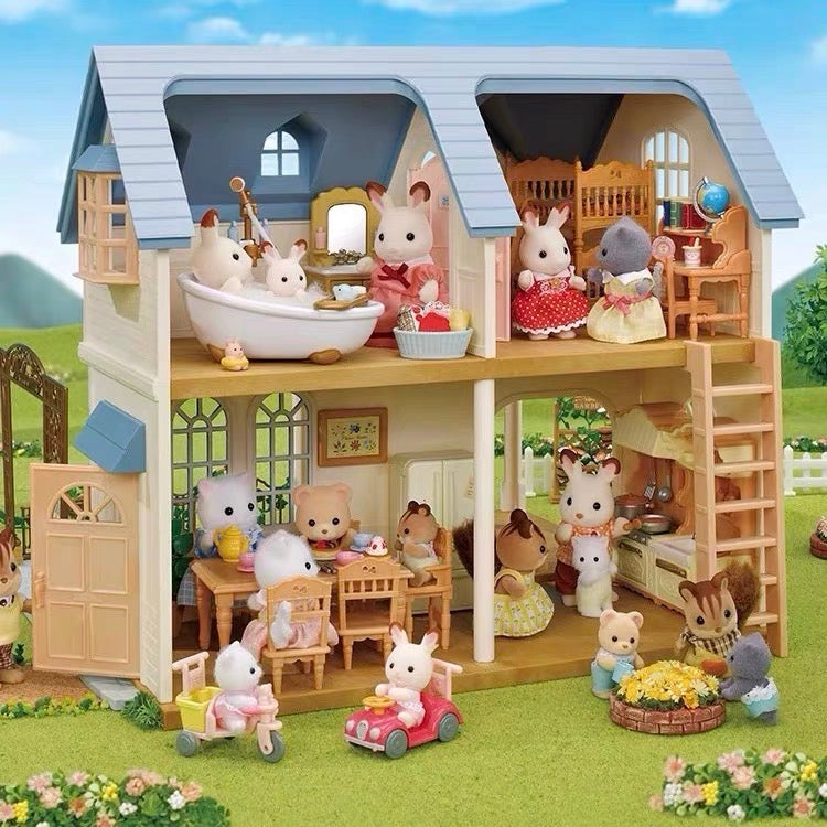 SylvanianFamilies森贝儿家族|Courtyard Home Gift Set-Floral Cat蓝色度假别墅+丝绸猫套组/玩具/过家家5609