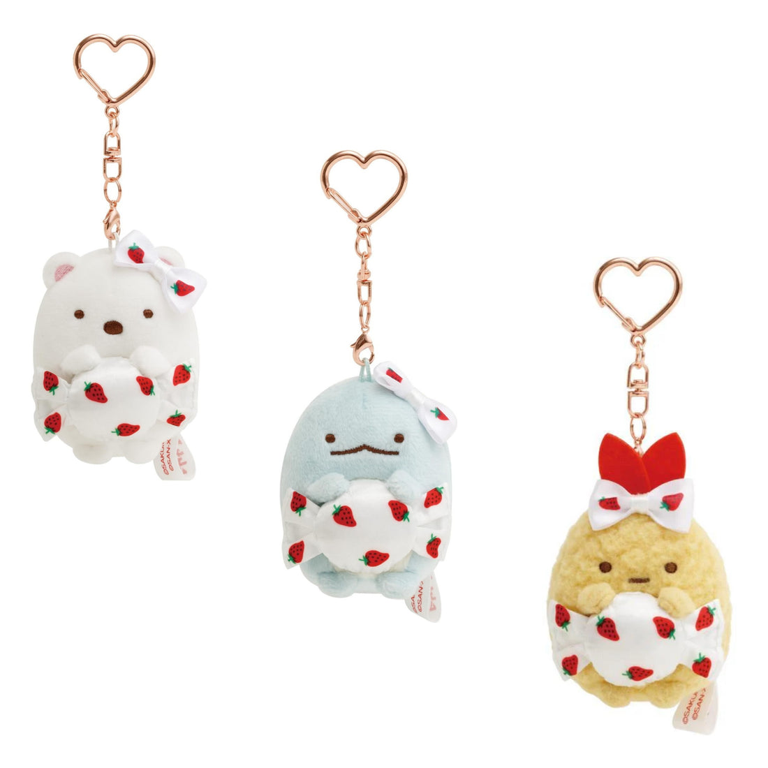 Sumikko gurashi角落生物|San-X Hanging Plush - Sakuma Strawberry Milk Candy 爱心扣可爱角色草莓牛奶糖毛绒玩偶挂件/包挂|约60×50×50mm