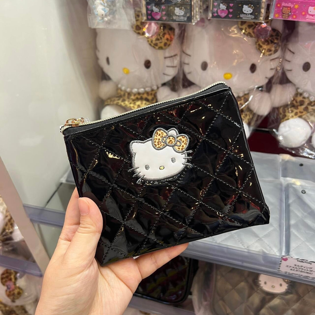 Hello Kitty凯蒂猫|Quilting Enamel Flat Pouch Black豹纹黑色方形菱格纹拉链零钱包挂件/小收纳包/正反面都可爱