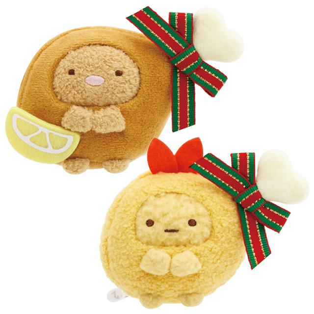 Sumikko gurashi角落生物|Fried Shrimp & Tonkatsu mini Tenori Plush San-X圣诞限定鸡腿造型炸虾+炸猪排毛绒玩偶套组/手玉|约H65×W100×D55mm