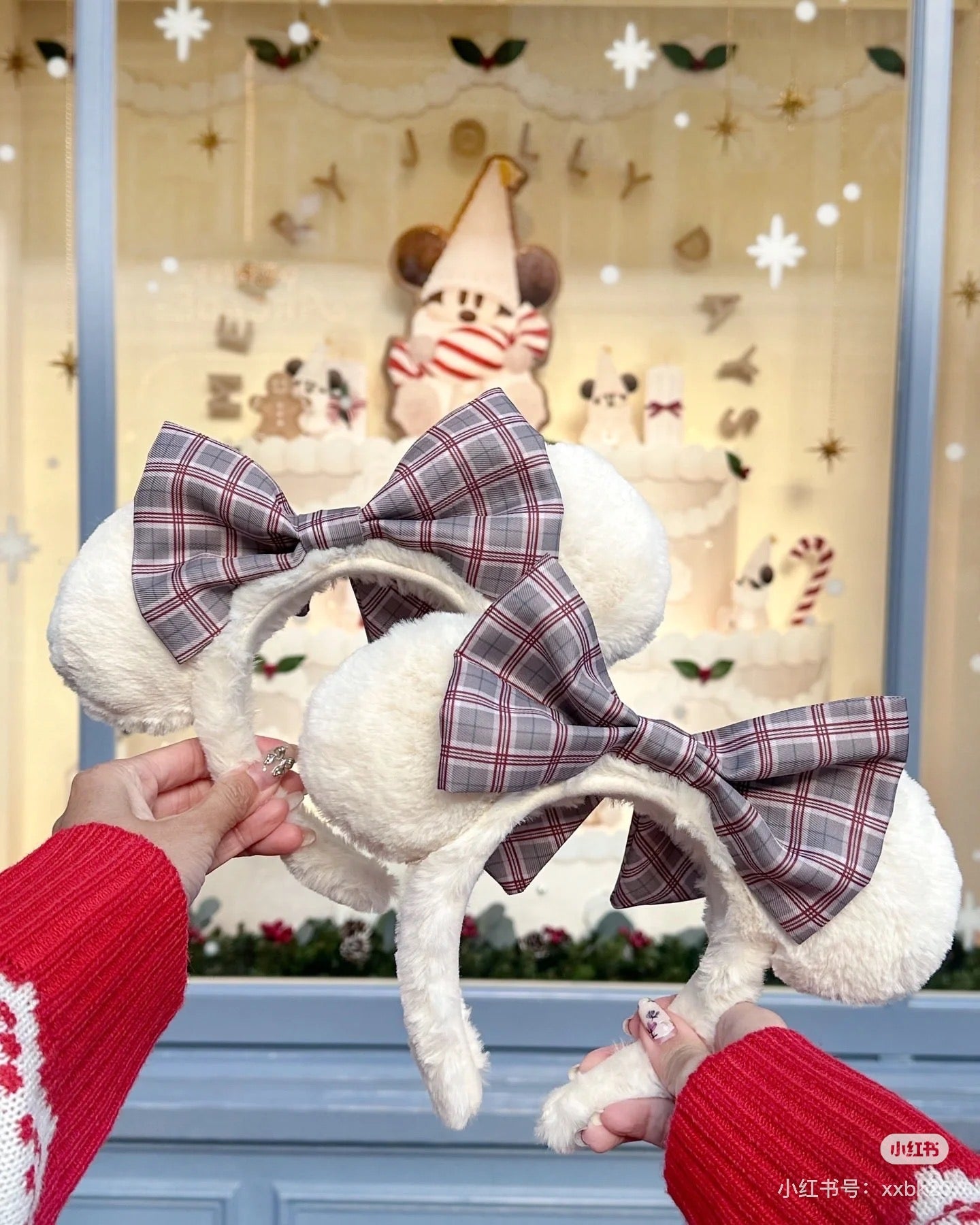 Disney迪士尼 |Merry Lil RingRing Mickey东迪2024圣诞精灵妖精米奇系列格纹蝴蝶结发箍/背面耳朵有米奇