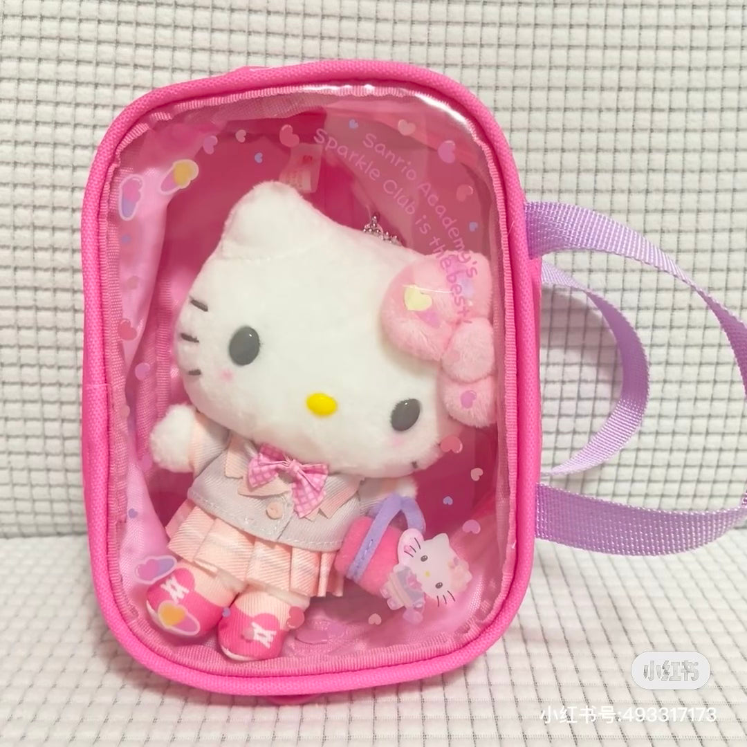 Sanrio三丽鸥|闪闪高校系列爱心扣Hello kitty粉色1面透明收纳包/痛包挂件/手提包|約15.5×11.5×5.5cm