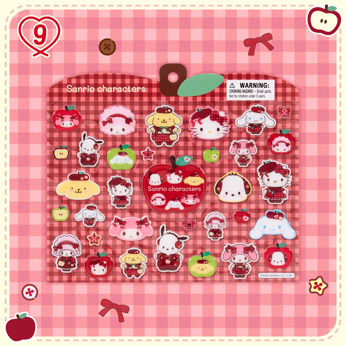 Sanrio|Autumn Apple Characters Gingham Red puff Stickers|20.5×0.2×17.5cm approx.