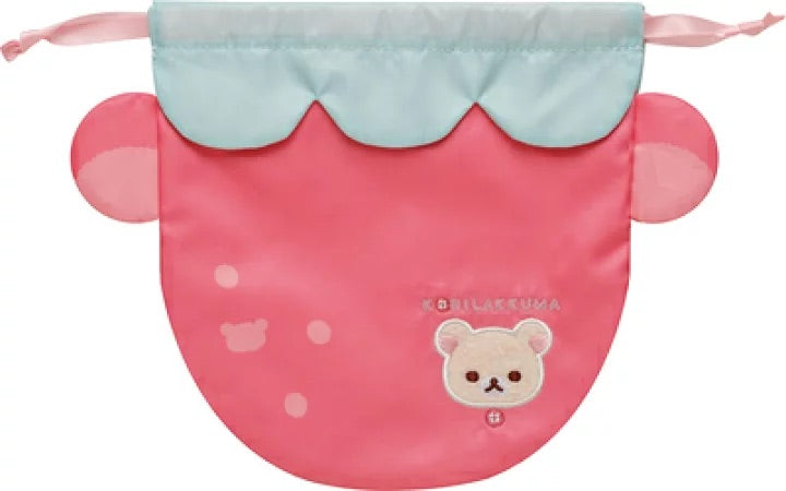 Rilakkuma轻松熊|草莓日系列布制刺绣草莓熊头束口袋/巾着/内里也可爱|約210×205mm