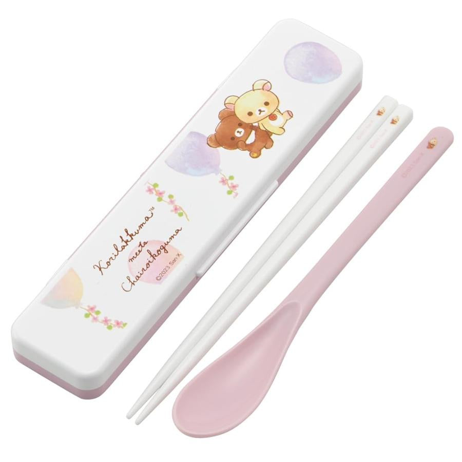 Rilakkuma轻松熊|Chopsticks 18cm & Spoon with Case - Korilakkuma & Chairoikoguma小棕熊小白熊筷子+勺便携式抗菌静音餐具套装|约188×47×18mm