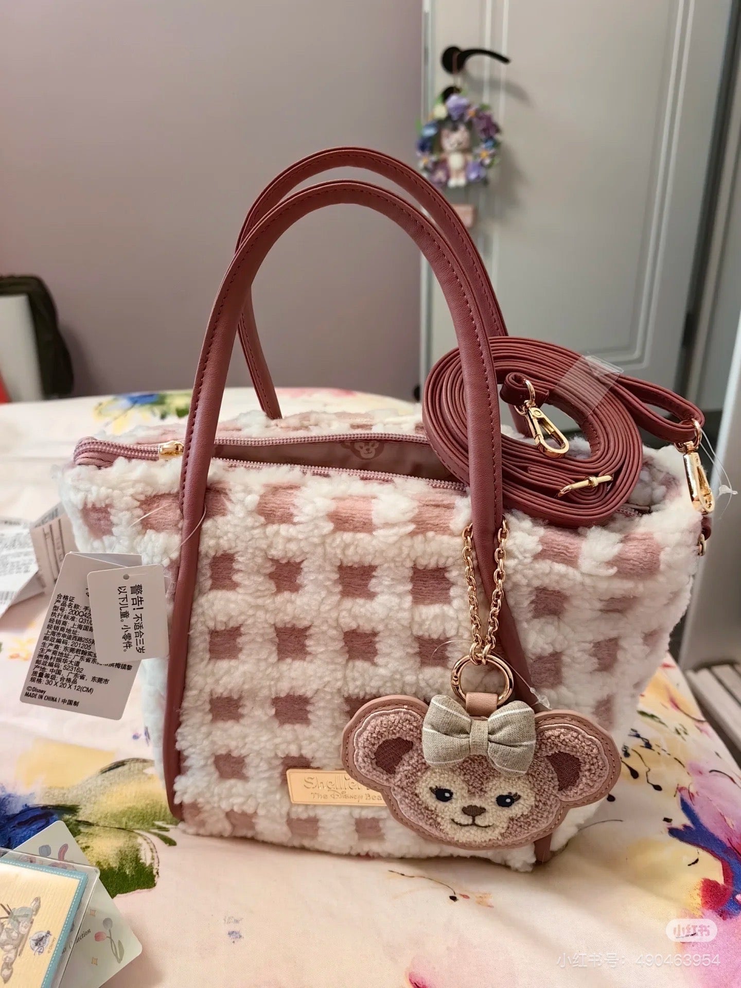 Disney SH|Duffy达菲/ShellieMay雪莉玫格子绒面手拎/斜挎包包/含超可爱大脸包挂