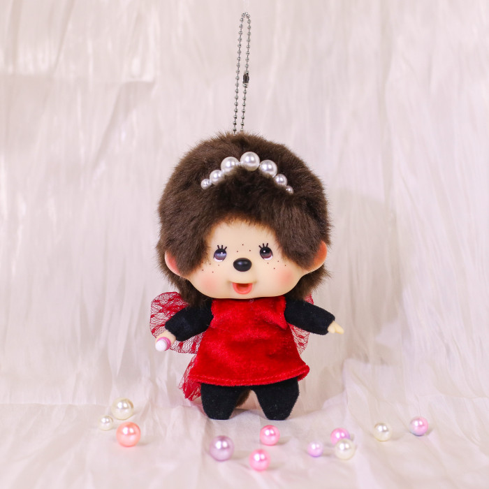 Monchhichi|Big face Red dress Mascot Holder /Plush Keychain|H9cm approx.