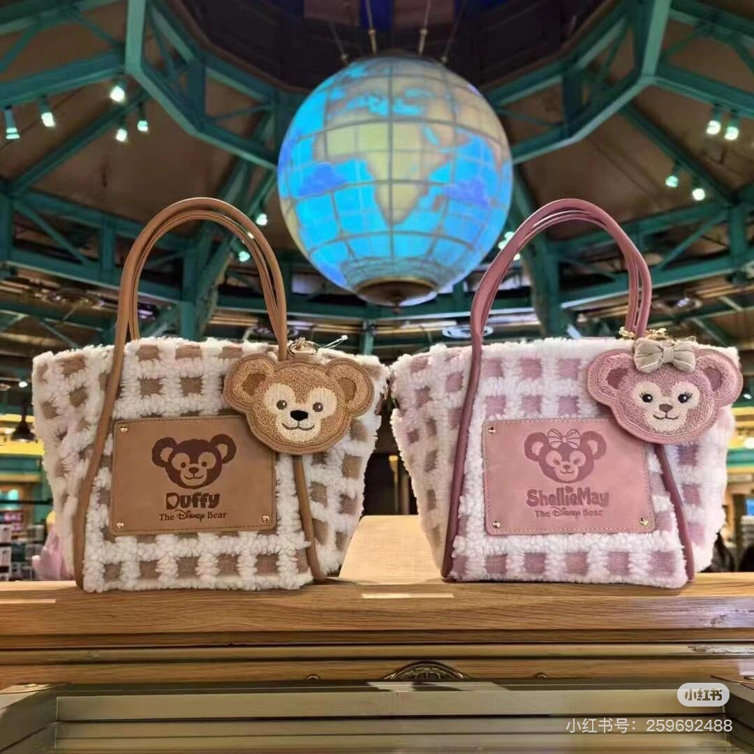 Disney SH|Duffy达菲/ShellieMay雪莉玫格子绒面手拎/斜挎包包/含超可爱大脸包挂