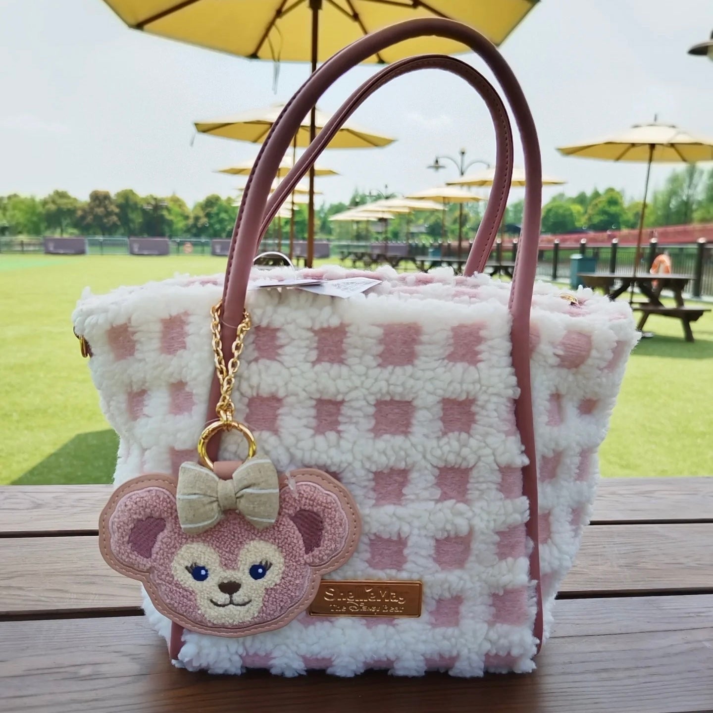 Disney SH|Duffy达菲/ShellieMay雪莉玫格子绒面手拎/斜挎包包/含超可爱大脸包挂