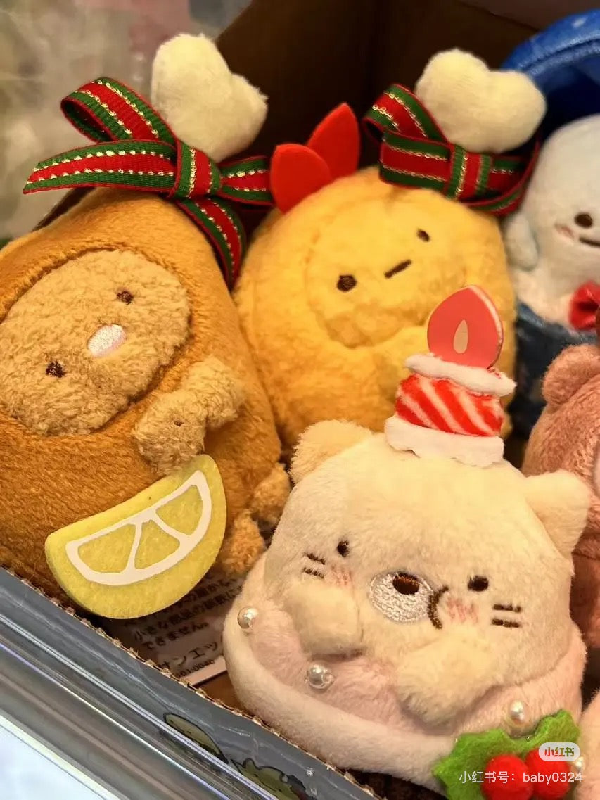 Sumikko gurashi角落生物|Fried Shrimp & Tonkatsu mini Tenori Plush San-X圣诞限定鸡腿造型炸虾+炸猪排毛绒玩偶套组/手玉|约H65×W100×D55mm