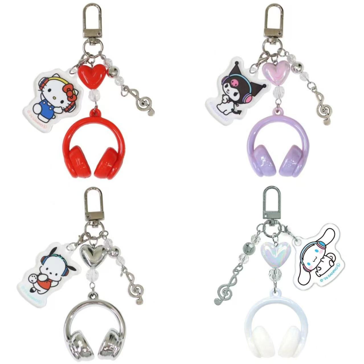 Sanrio|Headphone Music Notes Triple Charm Keychain/Keyring|110×50×15mm approx.