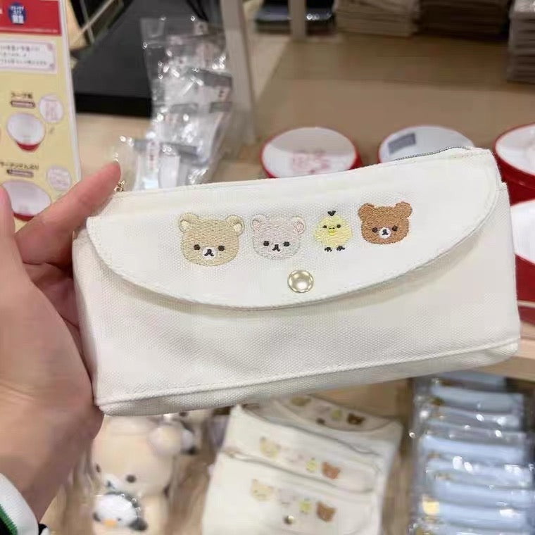 Rilakkuma轻松熊|Favorite Things Pen Case Pencil Pouch Beige San-X 最喜欢的东西系列简约精致刺绣多层笔袋/金属熊头拉链/收纳包|约100×210×50mm