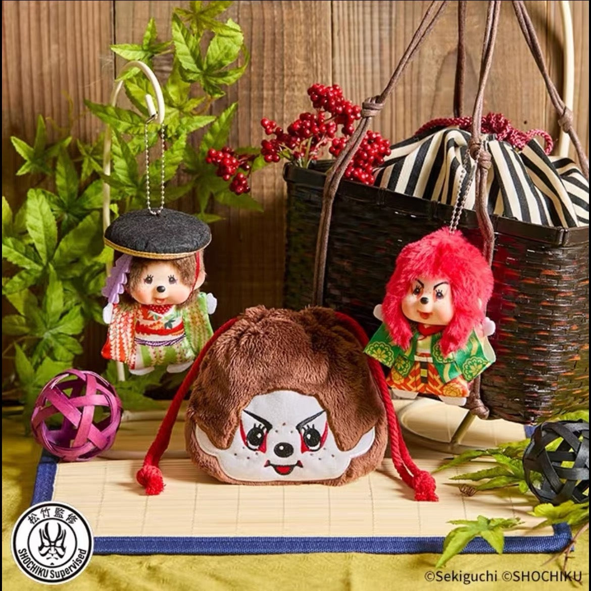 Monchhichi|Kabuki & Renjishi Fujimusume Mascot Holder /Plush Keychain|H11 x W9 x D5cm approx.