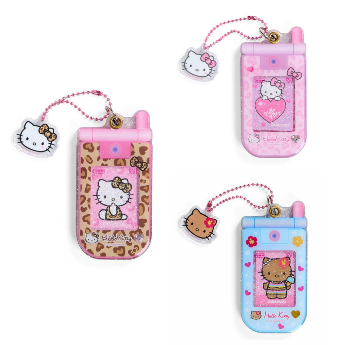 Hello Kitty凯蒂猫| Sanrio Slide Flip Phone Keychain/ Gogo Gal Collection Leopard Pink怀旧复古辣妹系列翻盖手机造型钥匙扣挂件/包挂|约4.5×0.7×9cm