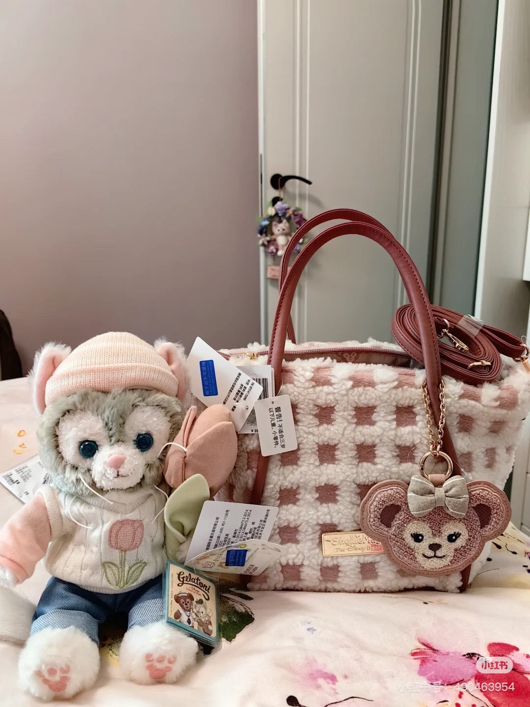 Disney SH|Duffy达菲/ShellieMay雪莉玫格子绒面手拎/斜挎包包/含超可爱大脸包挂