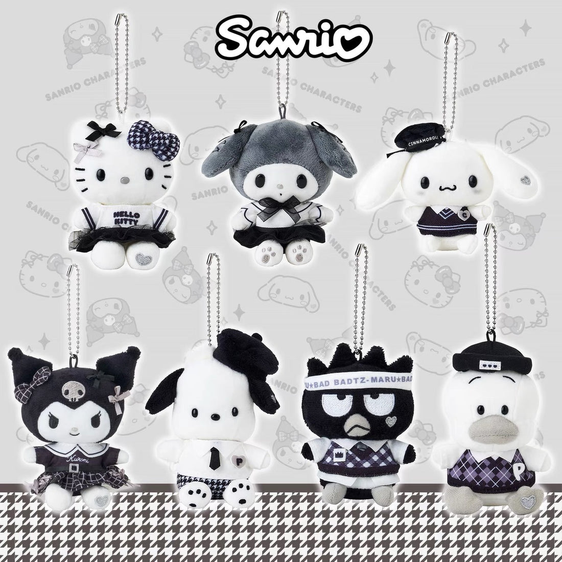 Sanrio三丽鸥|Mascot Holder Monotone黑白印象千鸟格系列可爱角色毛绒玩偶挂件/包挂|约7.5×5×11cm