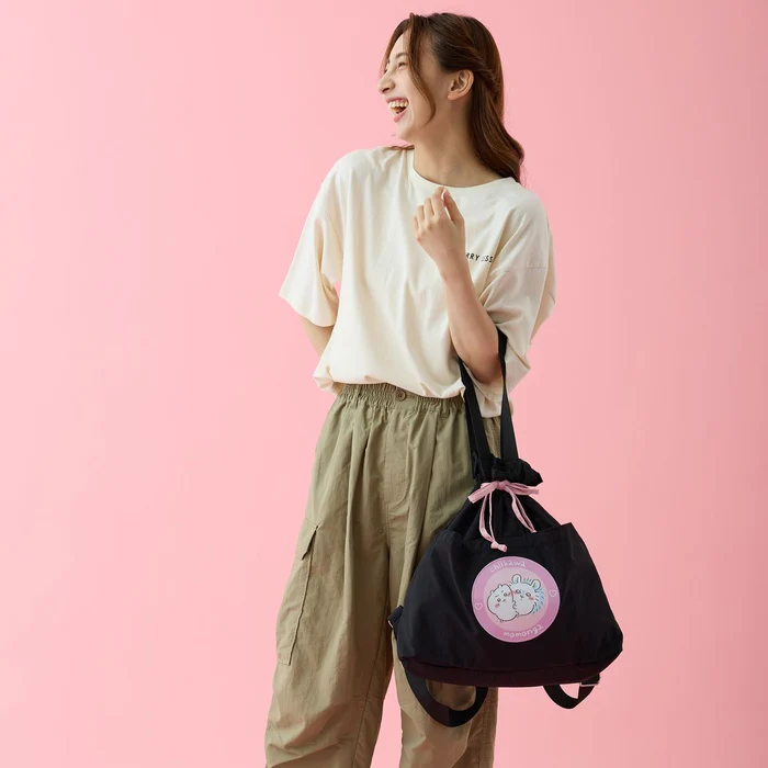 Chiikawa 吉伊卡哇|黑色双肩单间两用抽绳束口包/背包|约H370 x W410 x D130mm