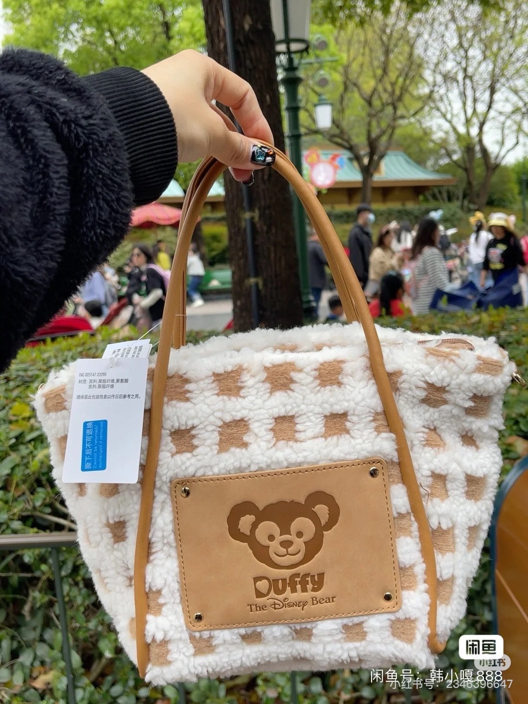 Disney SH|Duffy达菲/ShellieMay雪莉玫格子绒面手拎/斜挎包包/含超可爱大脸包挂