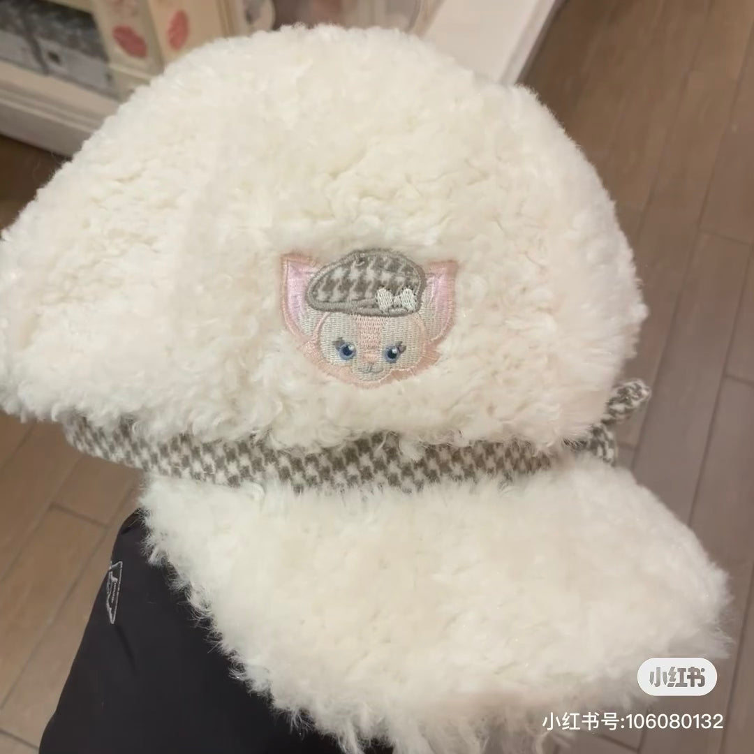 Disney SH|侦探贝儿千鸟格羊羔绒蝴蝶结贝雷帽|头围57cm
