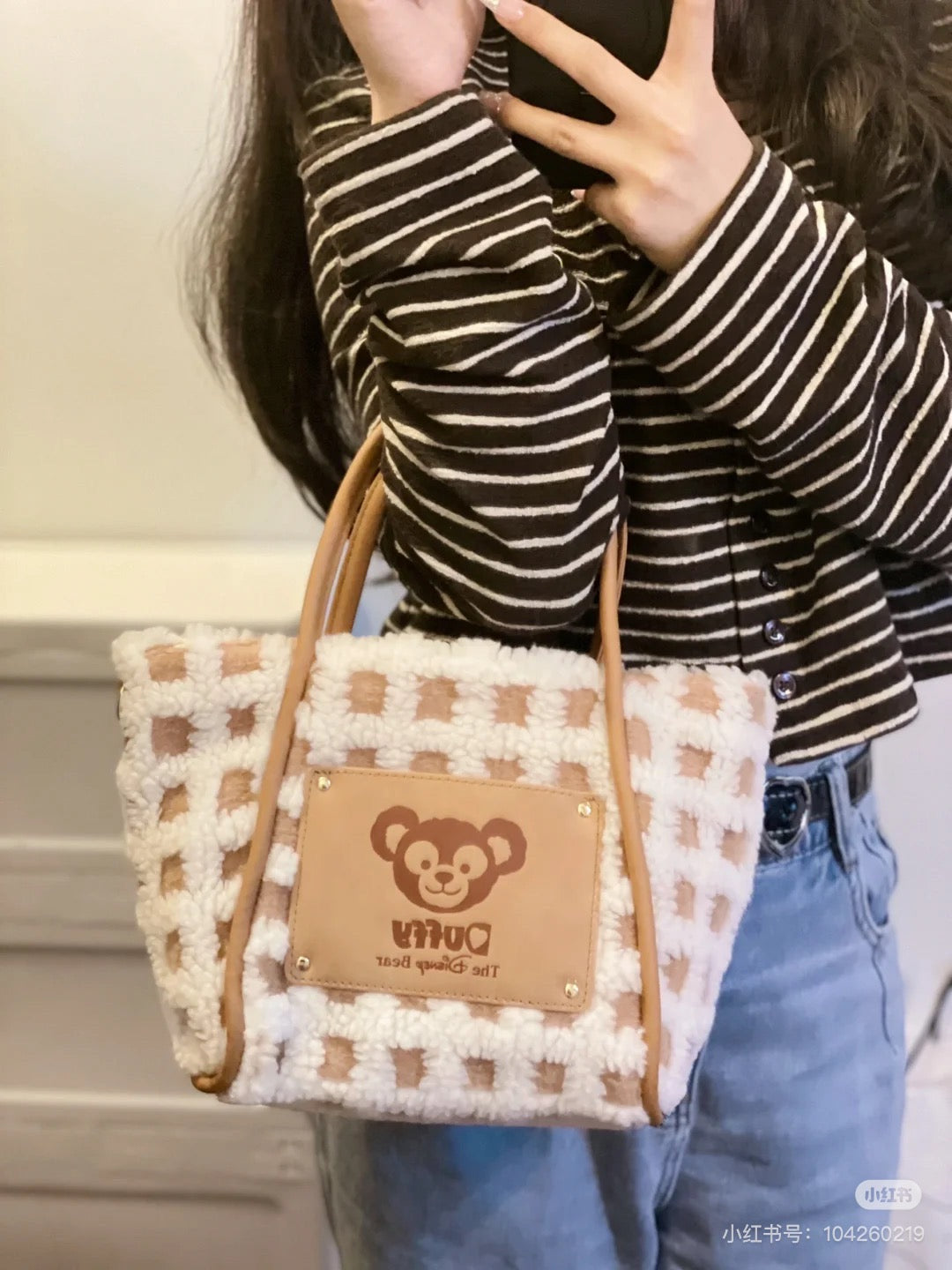 Disney SH|Duffy达菲/ShellieMay雪莉玫格子绒面手拎/斜挎包包/含超可爱大脸包挂