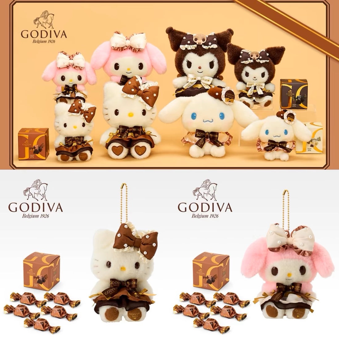 Sanrio三丽鸥|Plush Keychain Hello Kitty Sanrio x GODIVA 2025歌帝梵联名巧克力+毛绒玩偶挂件礼物套装/礼盒
