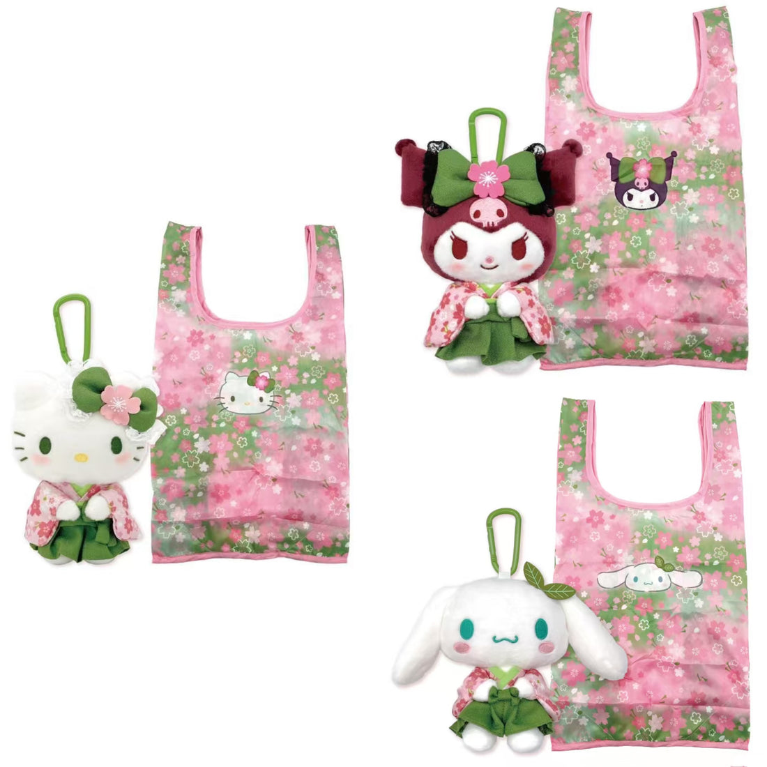 Sanrio|Matcha Sakura Kimono Eco Shopping Bag & Mascot Plush|270×480×160mm approx.