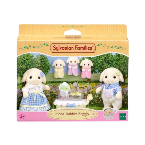 SylvanianFamilies森贝儿家族|Flora Rabbit Family芙罗拉垂耳兔家族一家五口三胞胎套组/玩具/过家家5735