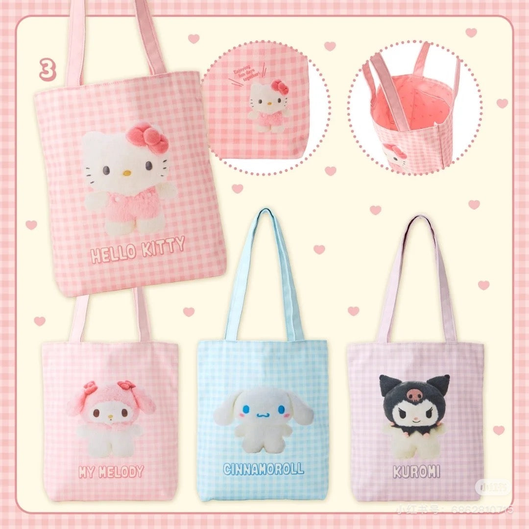 Sanrio| Tote Bag - Pitatto Friends Photo多巴胺格纹系列可爱角色帆布包|约29×5×32cm
