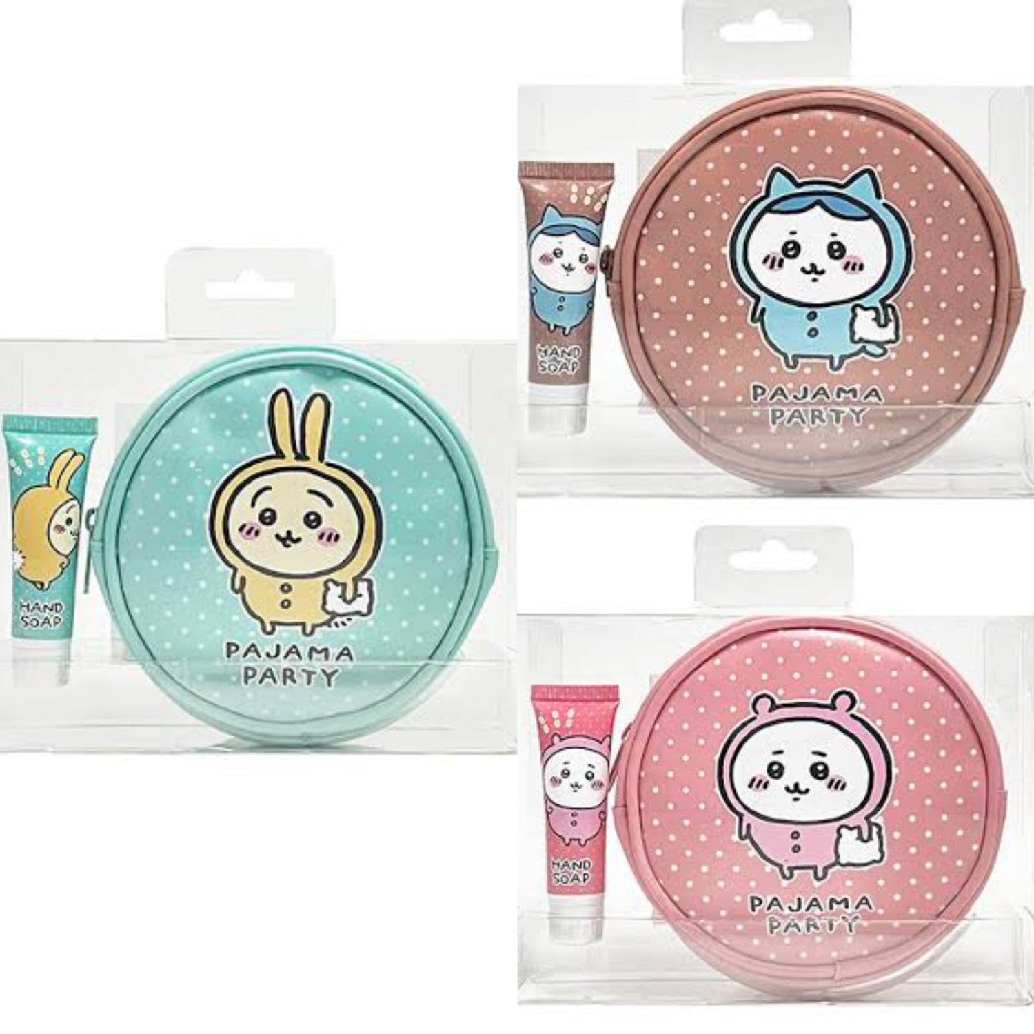 Chiikawa 吉伊卡哇|睡衣派对系列圆形皮质感零钱包+洗手液12g组/反面有3小只|約H120×W165×D60mm