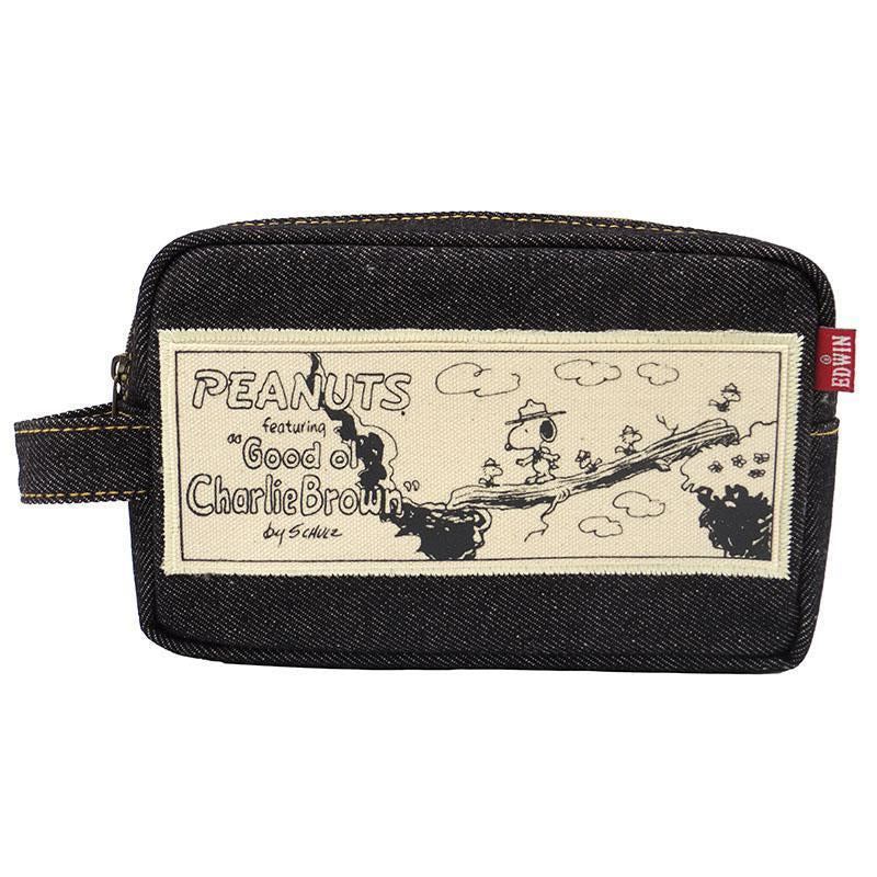 Snoopy|Edwin联名深黑牛仔手拿包/收纳包/内里有漫画|约幅23cm/奥行5cm/高さ12cm